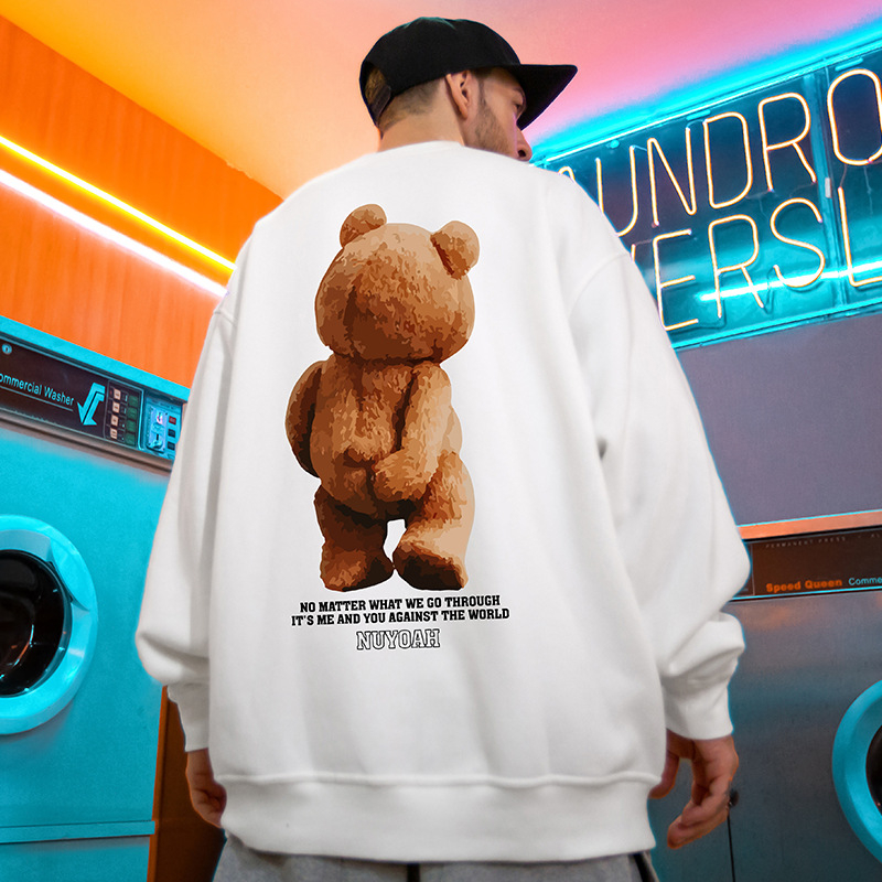 Oversize muški sweatshirt s okruglim izrezom i otisom medvjeda, poliester materijal, pogodan za proljeće i jesen