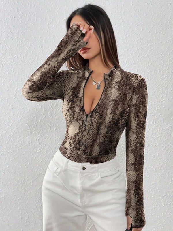 Ženski leopard print jedinstveni kombinezon s dugim rukavima, visokim strukom, 3/4 dužine nogavica, poliestersko-elastanska mješavina, mikroelastičnost