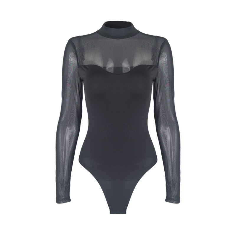 Ολόσωμο με πλέγμα, ελαστικό ύφασμα πολυεστέρα-σπαντέξ, μακριές μανίκες, μέση μεσαία, σφιχτό στυλ