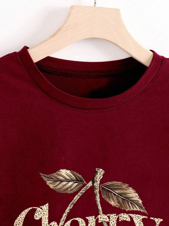 T-shirt σε ιαπωνικό ρετρό στυλ, εκτύπωση λεοπάρ και κερασιών, χαλαρή γραμμή, ύφασμα από βαμβάκι (96%+)