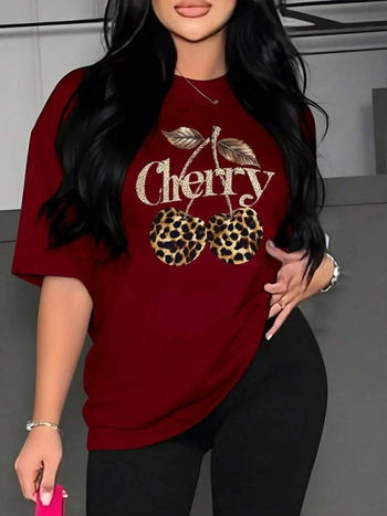 T-shirt σε ιαπωνικό ρετρό στυλ, εκτύπωση λεοπάρ και κερασιών, χαλαρή γραμμή, ύφασμα από βαμβάκι (96%+)