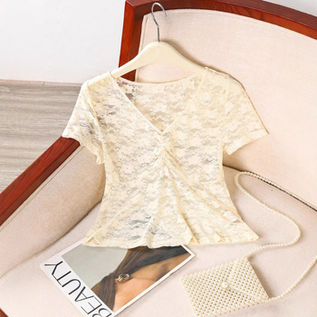 Δαντελένιο διαφανές τοπ με 3D εφέ, πολυεστέρας, στρογγυλός λαιμός, μανίκια 3/4, στυλ πουλόβερ