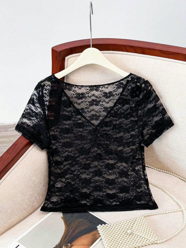 Top din dantelă transparentă, cu efect 3D, poliester, guler rotund, mâneci trei sferturi, stil pulover