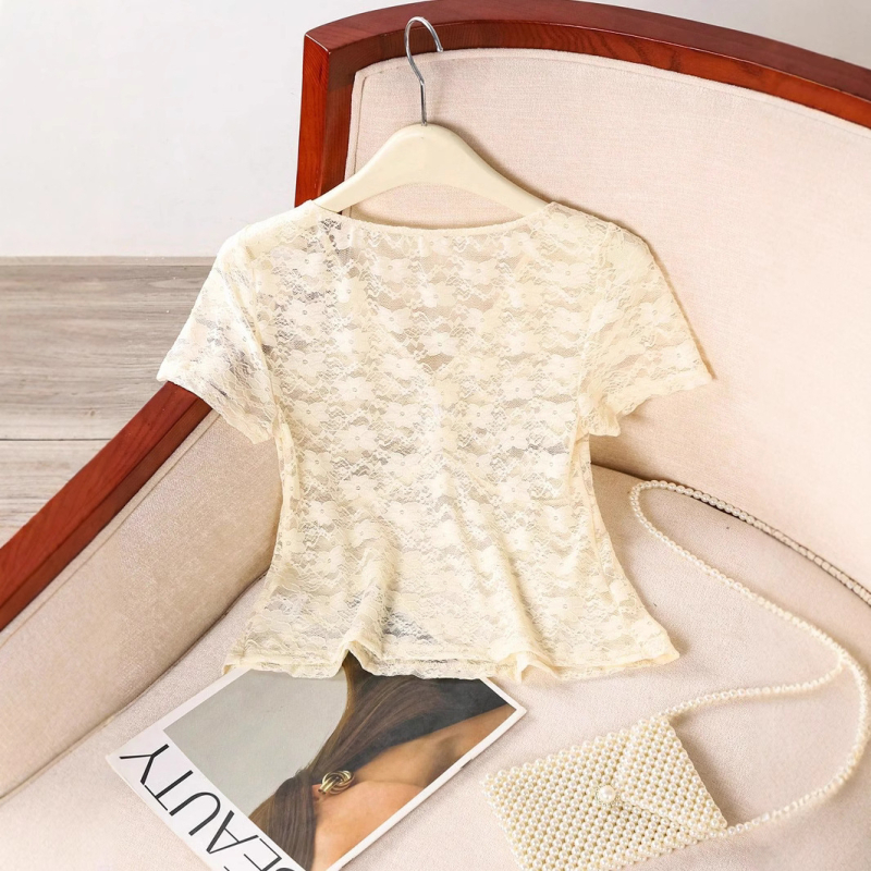 Top din dantelă transparentă, cu efect 3D, poliester, guler rotund, mâneci trei sferturi, stil pulover