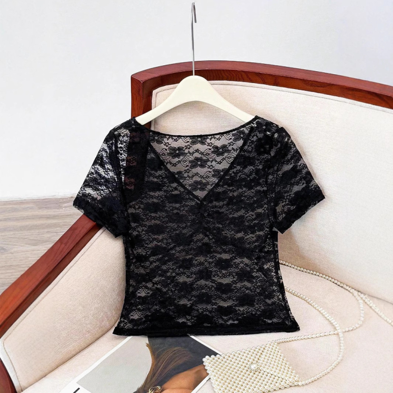 Top din dantelă transparentă, cu efect 3D, poliester, guler rotund, mâneci trei sferturi, stil pulover