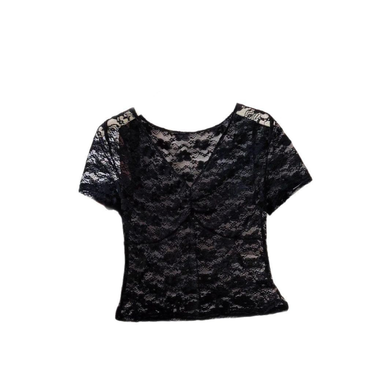 Top din dantelă transparentă, cu efect 3D, poliester, guler rotund, mâneci trei sferturi, stil pulover