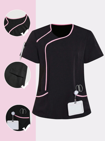 Γυναικείος κοντομάνικος ιατρικός τοπ για στολές εργασίας, ύφασμα πολυεστέρα-βαμβάκι που απομακρύνει την υγρασία, λαιμός με μισό άνοιγμα