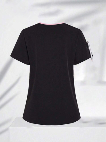 Γυναικείος κοντομάνικος ιατρικός τοπ για στολές εργασίας, ύφασμα πολυεστέρα-βαμβάκι που απομακρύνει την υγρασία, λαιμός με μισό άνοιγμα