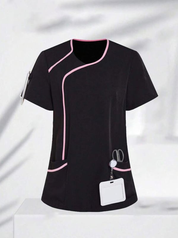 Ženský krátky rukáv zdravotný top pre uniformu, odvádzajúci vlhkosť zmes poliester–bavlna, golier s polovičným otvorom