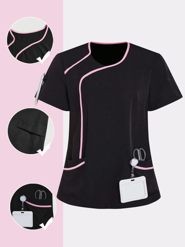 Ženský krátky rukáv zdravotný top pre uniformu, odvádzajúci vlhkosť zmes poliester–bavlna, golier s polovičným otvorom