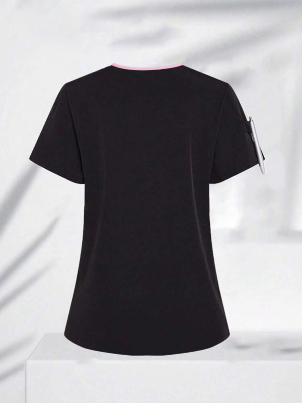 Ženský krátky rukáv zdravotný top pre uniformu, odvádzajúci vlhkosť zmes poliester–bavlna, golier s polovičným otvorom