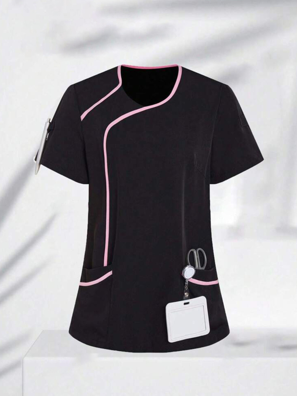 Ženský krátky rukáv zdravotný top pre uniformu, odvádzajúci vlhkosť zmes poliester–bavlna, golier s polovičným otvorom
