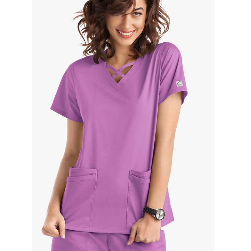Set medical femei cu mâneci scurte — țesătură elastică, uscare rapidă (72% poliester, 21% viscoză, 7% elastan), vară 2024 ținute de lucru