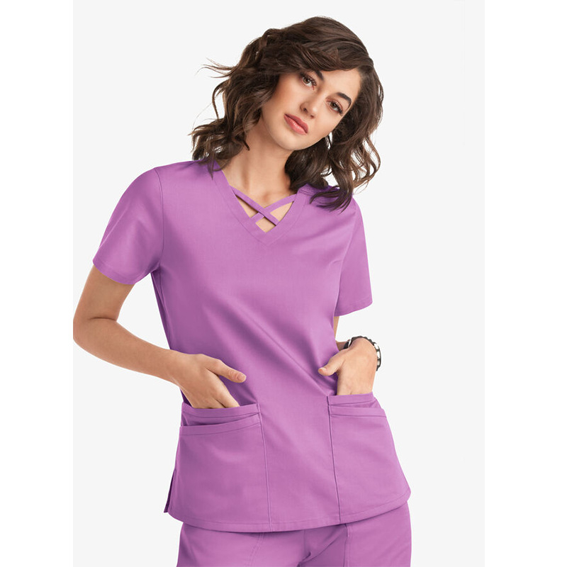 Set medical femei cu mâneci scurte — țesătură elastică, uscare rapidă (72% poliester, 21% viscoză, 7% elastan), vară 2024 ținute de lucru