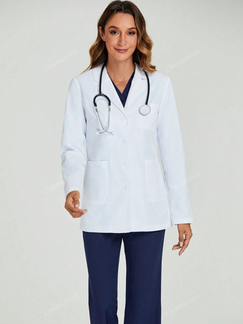 Лабораторен халат за медицински и козметични лаборатории — влагоотвеждащ полиестер (95%+), дълги ръкави, средна дължина 65–80 cm