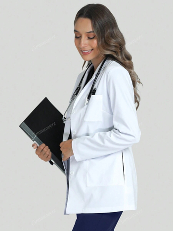 Лабораторен халат за медицински и козметични лаборатории — влагоотвеждащ полиестер (95%+), дълги ръкави, средна дължина 65–80 cm