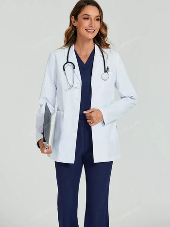 Лабораторен халат за медицински и козметични лаборатории — влагоотвеждащ полиестер (95%+), дълги ръкави, средна дължина 65–80 cm