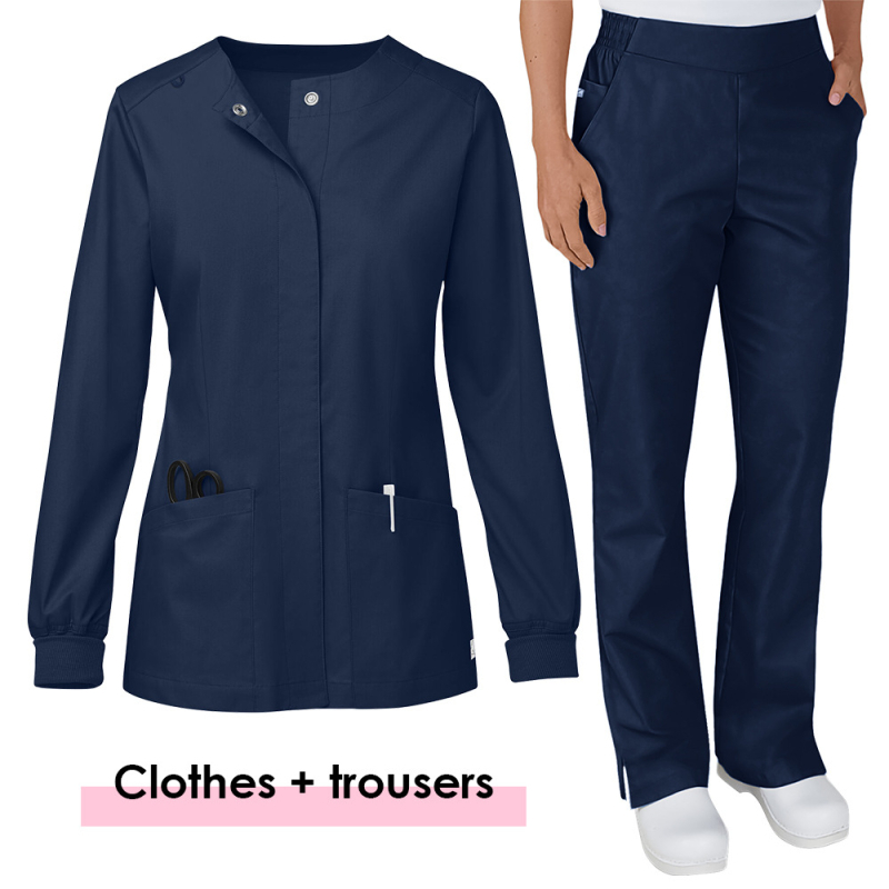 Унисекс медицински работен комплект: влагоотводящ полиестер-еластан, V-образно деколте, къс ръкав, топ и панталони, дължина 50–65 cm