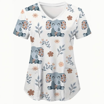 Дамска тениска с пълен текстов принт, V-образно деколте, къс ръкав, свободна кройка, ежедневен стил