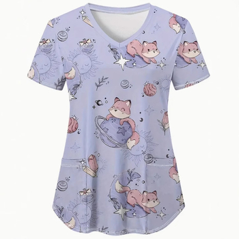 Дамска тениска с пълен текстов принт, V-образно деколте, къс ръкав, свободна кройка, ежедневен стил