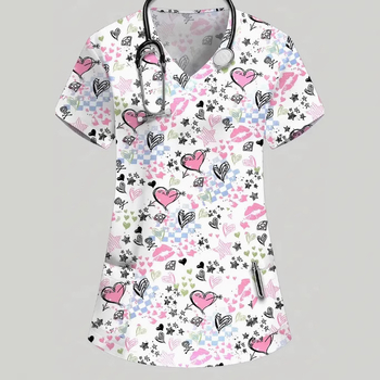 Дамска тениска с пълен текстов принт, V-образно деколте, къс ръкав, свободна кройка, ежедневен стил