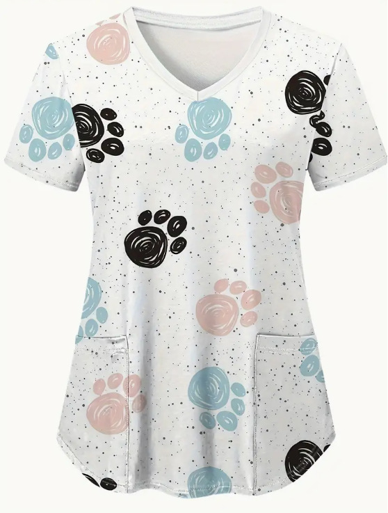 Tricou de damă cu print text complet, decolteu în V, mâneci scurte, croială lejeră, stil casual