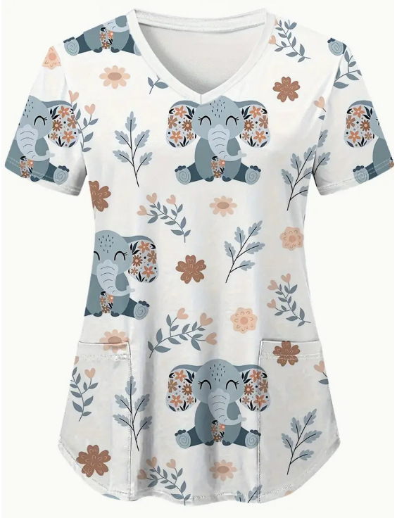 Tricou de damă cu print text complet, decolteu în V, mâneci scurte, croială lejeră, stil casual