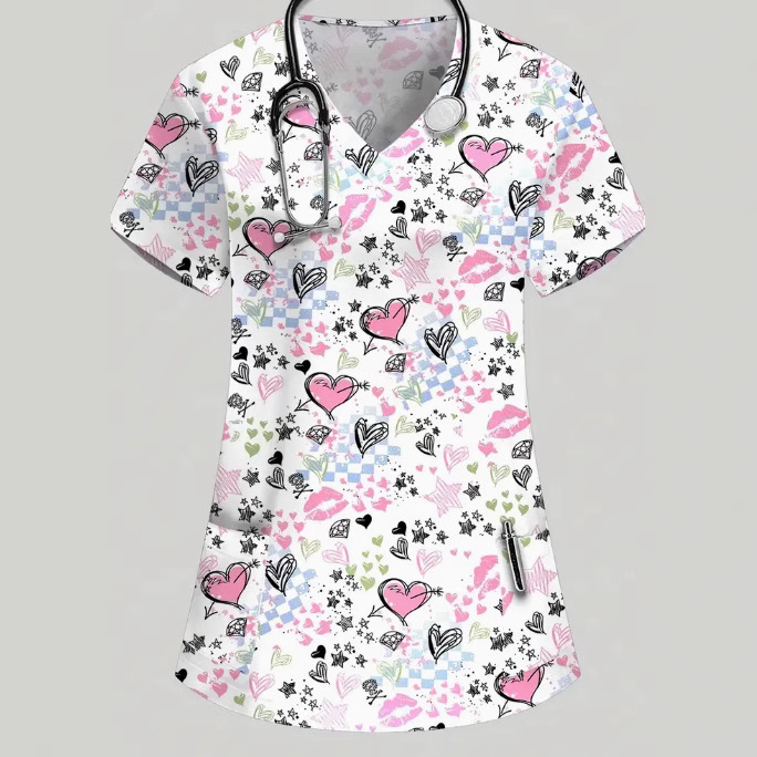 Tricou de damă cu print text complet, decolteu în V, mâneci scurte, croială lejeră, stil casual