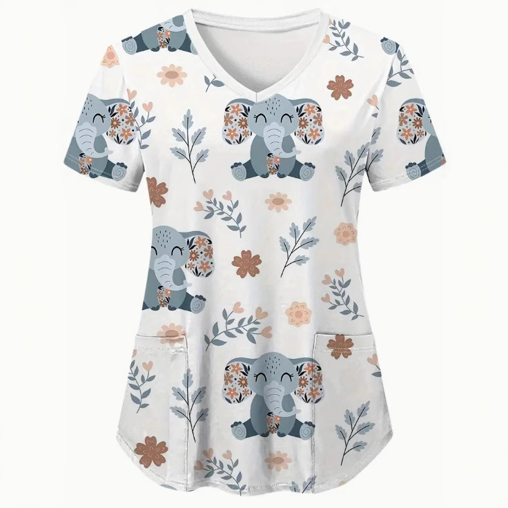 Tricou de damă cu print text complet, decolteu în V, mâneci scurte, croială lejeră, stil casual