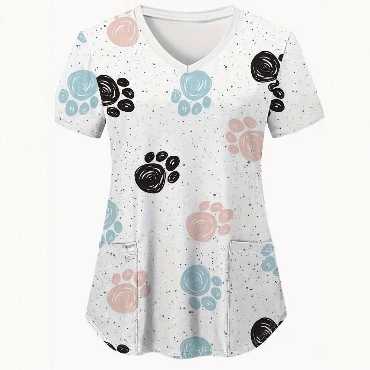 Tricou de damă cu print text complet, decolteu în V, mâneci scurte, croială lejeră, stil casual