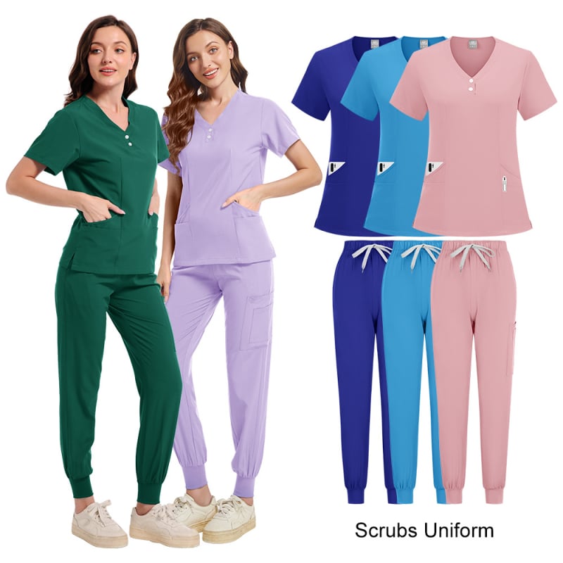 Set de uniforme medical unisex, mânecă scurtă, decolteu în V, pantaloni, țesătură absorbantă de umezeală și uscare rapidă, poliester-elastan