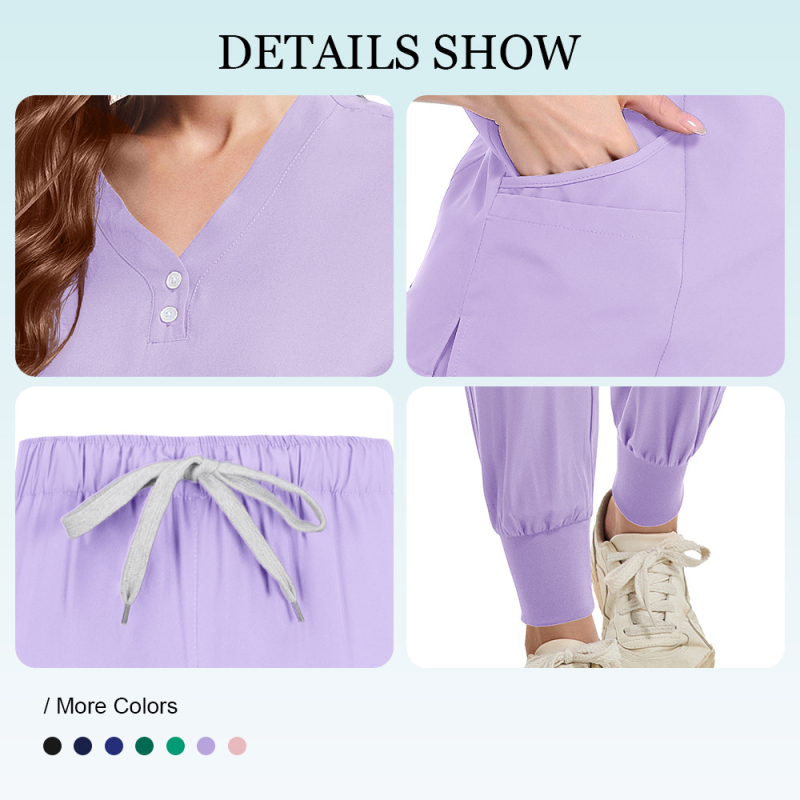 Set de uniforme medical unisex, mânecă scurtă, decolteu în V, pantaloni, țesătură absorbantă de umezeală și uscare rapidă, poliester-elastan