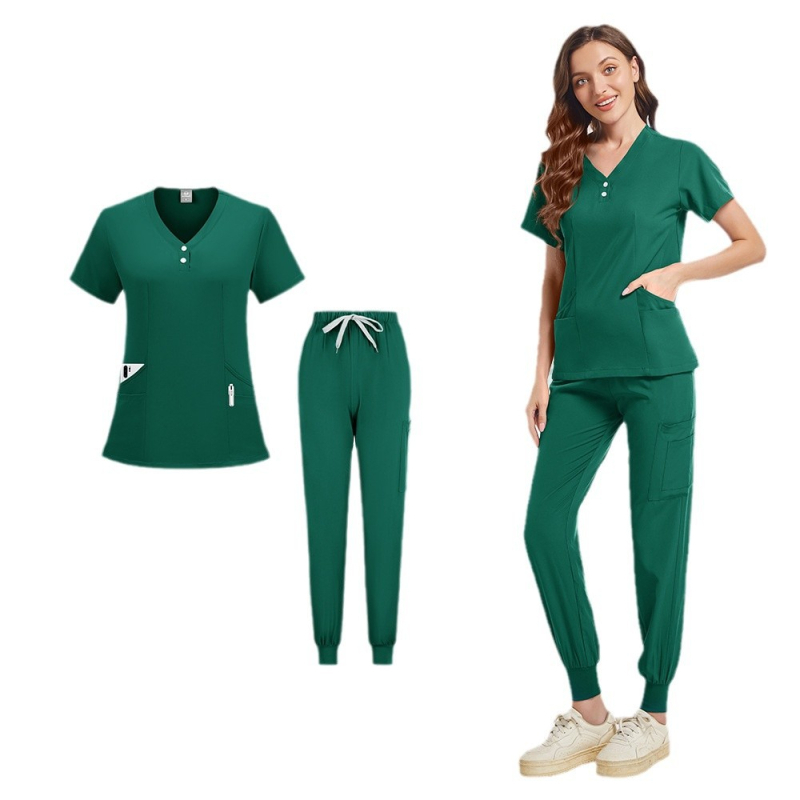 Set de uniforme medical unisex, mânecă scurtă, decolteu în V, pantaloni, țesătură absorbantă de umezeală și uscare rapidă, poliester-elastan