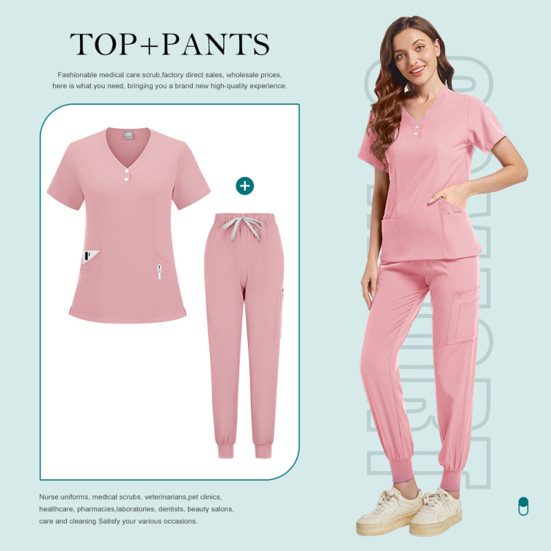 Set de uniforme medical unisex, mânecă scurtă, decolteu în V, pantaloni, țesătură absorbantă de umezeală și uscare rapidă, poliester-elastan