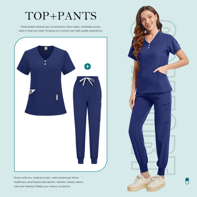 Set de uniforme medical unisex, mânecă scurtă, decolteu în V, pantaloni, țesătură absorbantă de umezeală și uscare rapidă, poliester-elastan