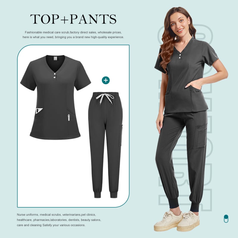 Set de uniforme medical unisex, mânecă scurtă, decolteu în V, pantaloni, țesătură absorbantă de umezeală și uscare rapidă, poliester-elastan