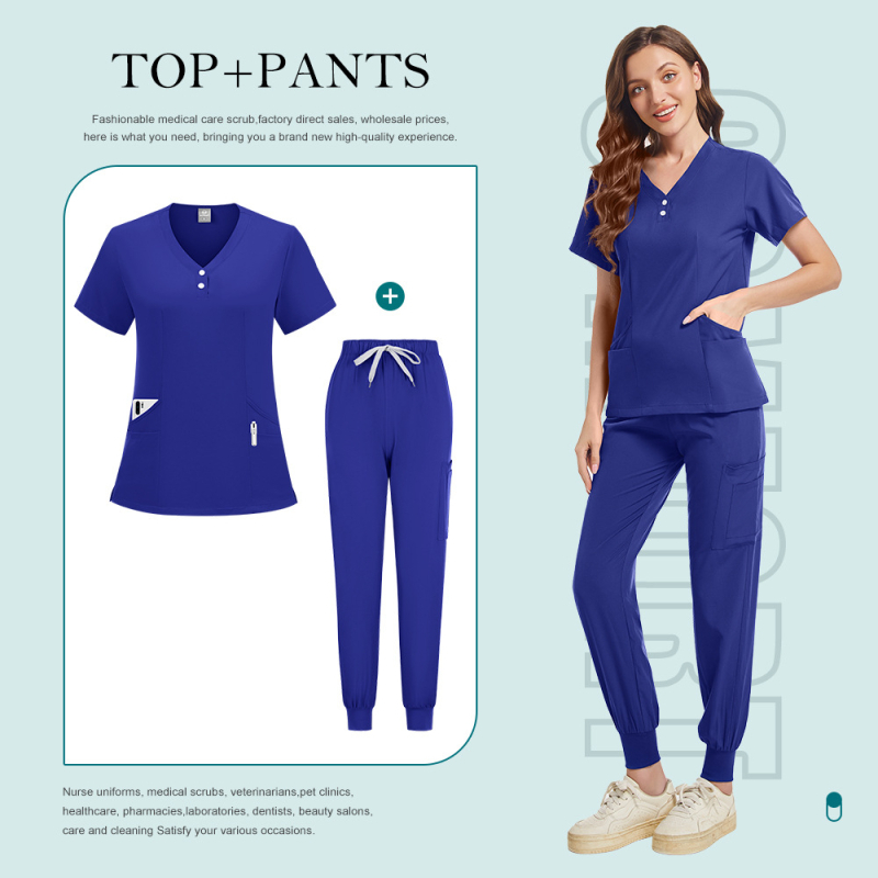 Set de uniforme medical unisex, mânecă scurtă, decolteu în V, pantaloni, țesătură absorbantă de umezeală și uscare rapidă, poliester-elastan