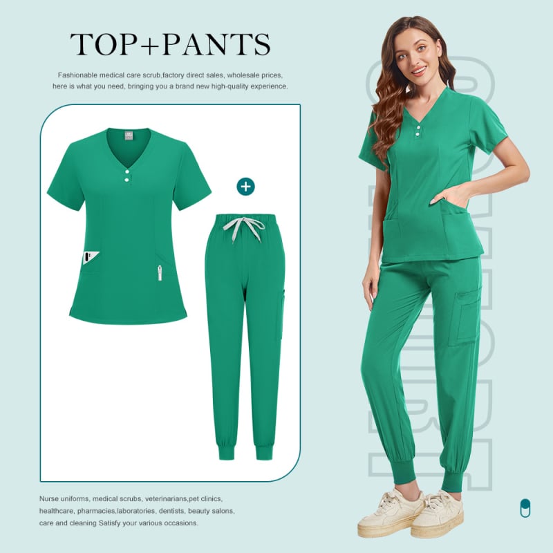 Set de uniforme medical unisex, mânecă scurtă, decolteu în V, pantaloni, țesătură absorbantă de umezeală și uscare rapidă, poliester-elastan