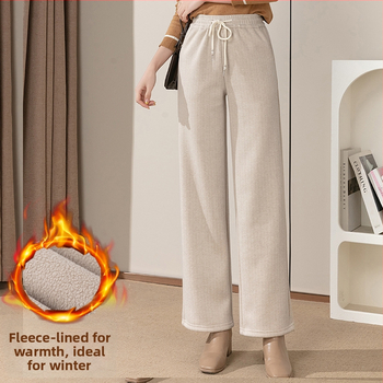 Зимни дамски панталони от вълна с подплата от флис, прави, висока талия, плътни
