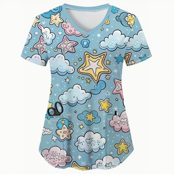 Tricou cu imprimeu floral, decolteu în V, mâneci scurte, croială lejeră, poliester (Poliester; imprimeu floral; decolteu în V; mâneci scurte; croială lejeră)