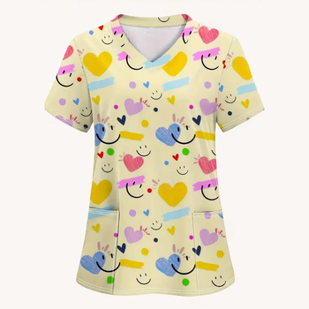 Μπλουζάκι με φλοράλ εκτύπωση, V-λαιμό, κοντά μανίκια, χαλαρή γραμμή, πολυεστέρα (Πολυεστέρας; φλοράλ εκτύπωση; V-λαιμό; κοντά μανίκια; χαλαρή γραμμή)