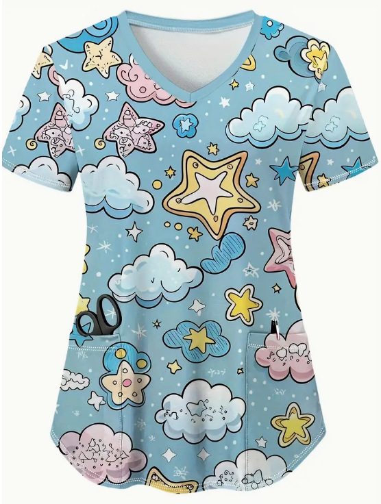 Tricou cu imprimeu floral, decolteu în V, mâneci scurte, croială lejeră, poliester (Poliester; imprimeu floral; decolteu în V; mâneci scurte; croială lejeră)