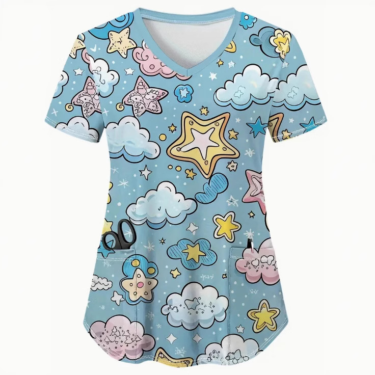 Tricou cu imprimeu floral, decolteu în V, mâneci scurte, croială lejeră, poliester (Poliester; imprimeu floral; decolteu în V; mâneci scurte; croială lejeră)