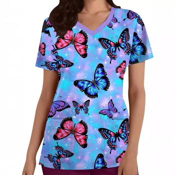 Ženska sestrinska uniforma, kratki rukavi, V-izrez, tkanina od poliestera ≥95%, 3D otisak leptira, top srednje duljine