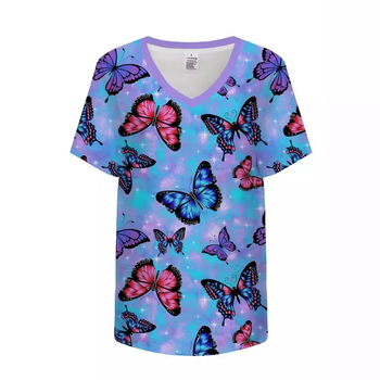 Γυναικεία στολή νοσοκόμας, κοντό μανίκι, V-λαιμόκοψη, πολυεστέρας με απομάκρυνση υγρασίας ≥95%, 3D εκτύπωση πεταλούδας, μεσαίου μήκους τοπ για προστατευτικό ένδυμα εργασίας