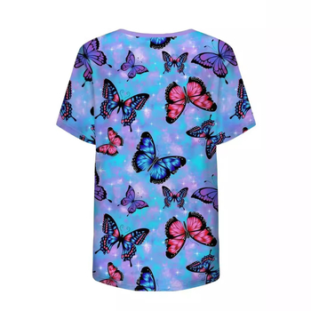 Γυναικεία στολή νοσοκόμας, κοντό μανίκι, V-λαιμόκοψη, πολυεστέρας με απομάκρυνση υγρασίας ≥95%, 3D εκτύπωση πεταλούδας, μεσαίου μήκους τοπ για προστατευτικό ένδυμα εργασίας