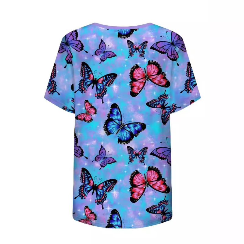 Ženska sestrinska uniforma, kratki rukavi, V-izrez, tkanina od poliestera ≥95%, 3D otisak leptira, top srednje duljine