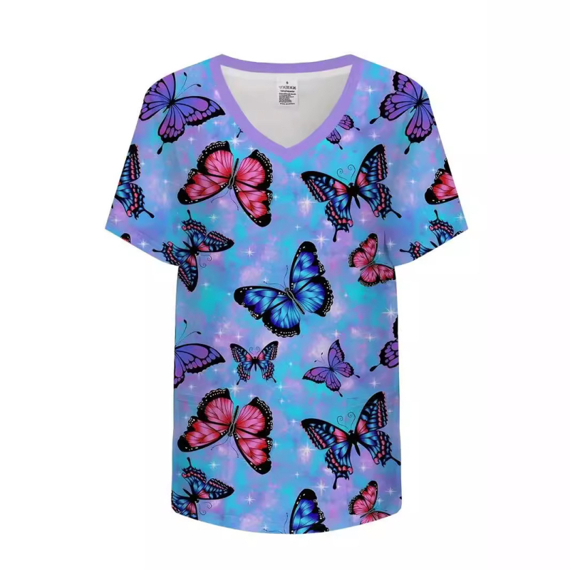 Ženska sestrinska uniforma, kratki rukavi, V-izrez, tkanina od poliestera ≥95%, 3D otisak leptira, top srednje duljine