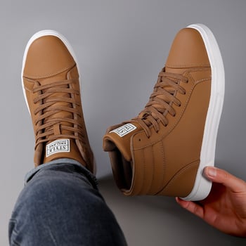 Sneakers unisex înalte, PU upper, talpă EVA, șireturi, vârf rotund, toc mic 1–3 cm