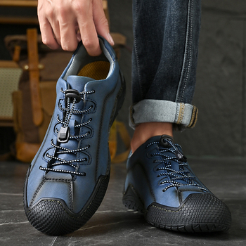 Ανδρικά δερμάτινα loafers με χειροποίητη ραφή στο επάνω μέρος, στρογγυλή μύτη, χαμηλό ύψος, ελαστικό λουρί κλεισίματος, καουτσούκ σόλα